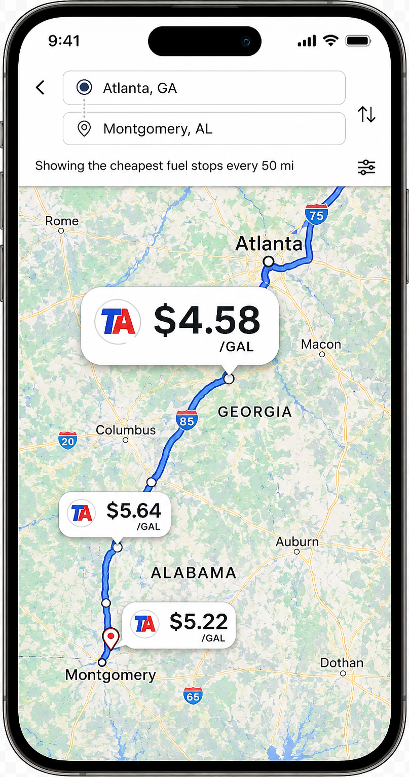 Fuel Map app showing cheapest fuel stops along your route